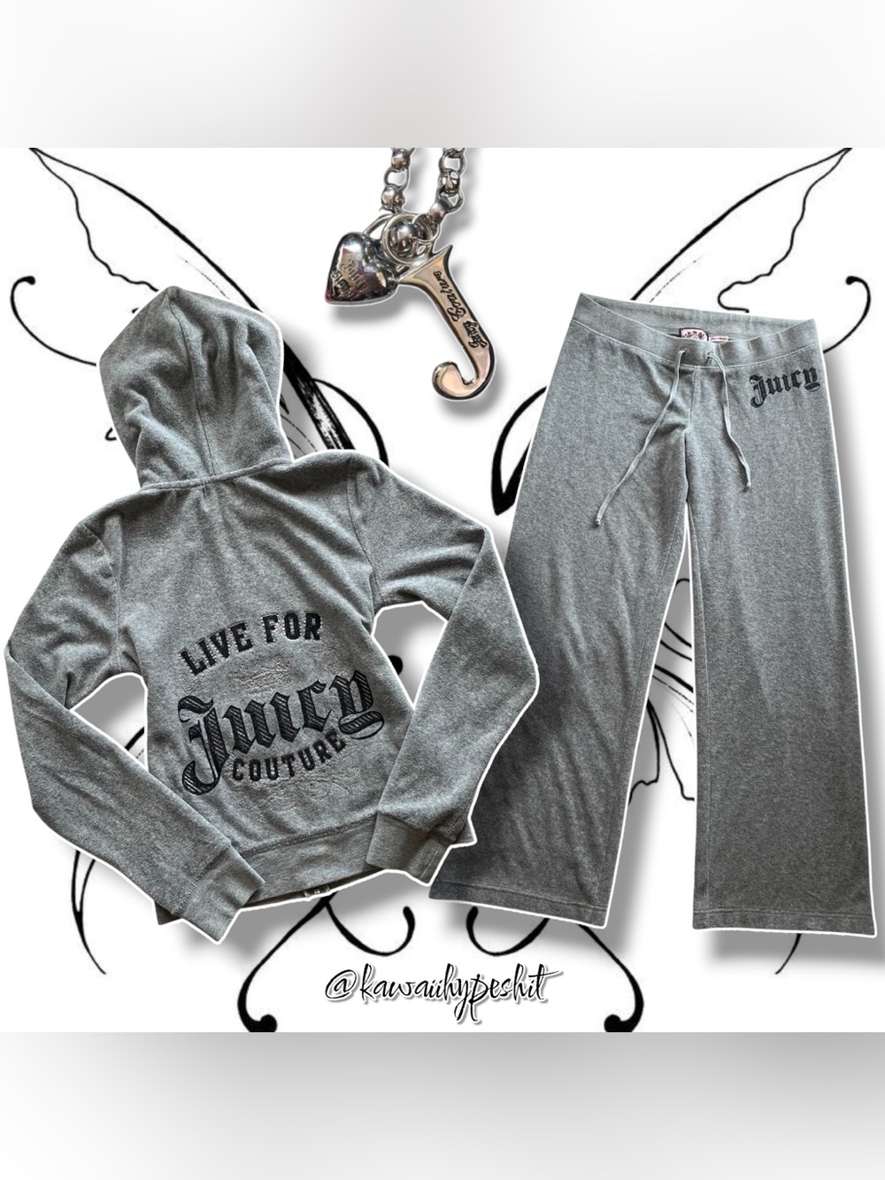 VTG Y2K Juicy Couture Gray Velour Hoodie & Wide-Leg Pants Tracksuit Set